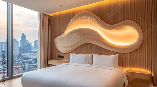 Contemporary hotel room design urban skyline interior photography modern aesthetics daylight view luxury concept