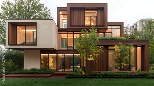 Modern architectural design urban environment exterior view contemporary home evening illumination