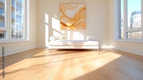 Modern minimalist living room design urban apartment interior photography bright natural light wide angle view aesthetic space