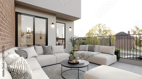 Cozy outdoor lounge area modern apartment balcony interior design urban setting wide angle view relaxation concept