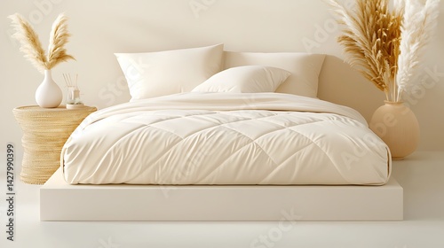 Cozy bedroom setup minimalist home interior design soft colors wide angle tranquil ambiance