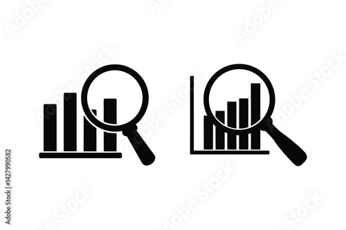Data analysis with magnifying glass inspecting statistical bar graph performance