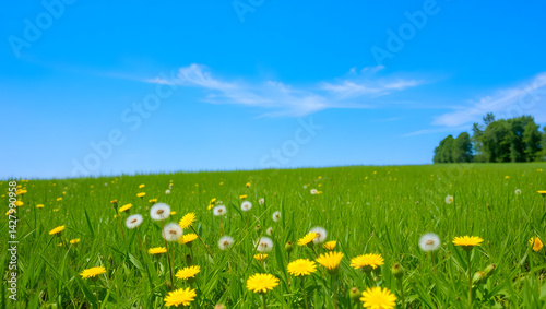 realistic Field with dandelions and blue sky