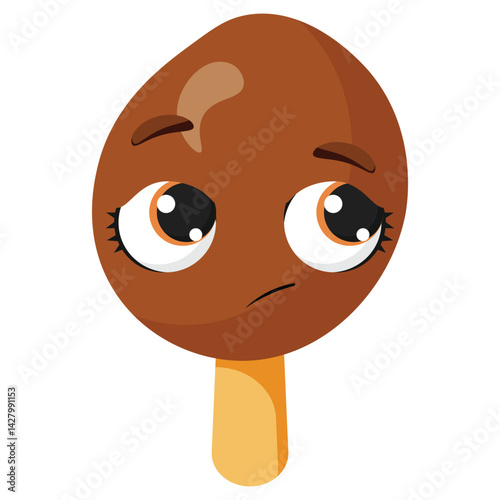 Sad chocolate ice cream character with downturned mouth Unhappy frozen treat illustration