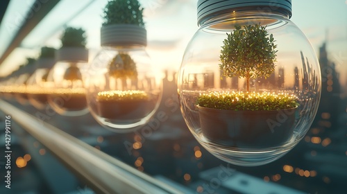 Sustainable urban growth cityscape lightbulb planters eco-friendly environment aerial view green innovation