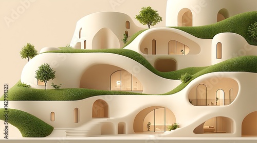 Innovative architectural design of modern eco-friendly homes urban landscape digital art futuristic setting aerial view sustainable living