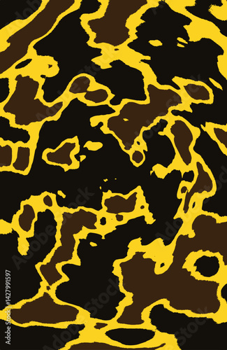 Abstract amberbordered dark shapes dance across a mottled brown canvas
