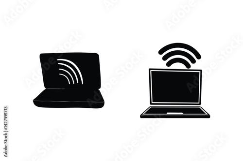 Black and white laptop icons illustrating wireless internet connection and online communication