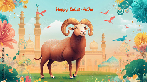 Vibrant Eid al-Adha Illustration Featuring Majestic Ram in Beautiful Garden with Minarets and Dome Backdrop

