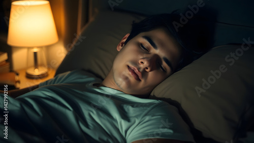 young man sleep in bed at night use t shirt