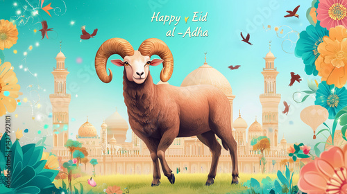 Joyful Eid al-Adha Scene with Ram in Colorful Islamic Festive Atmosphere with Mosque and Decorative Elements

