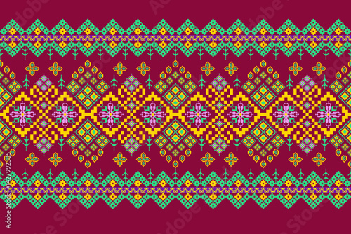 Geometric pixelated Arabic patterns on the fabric reflect the ornate and ethnicity,grid floral,grid colourful, backgrounds, seamless grid design for carpet,textile,textured,wallpaper,print,decorate