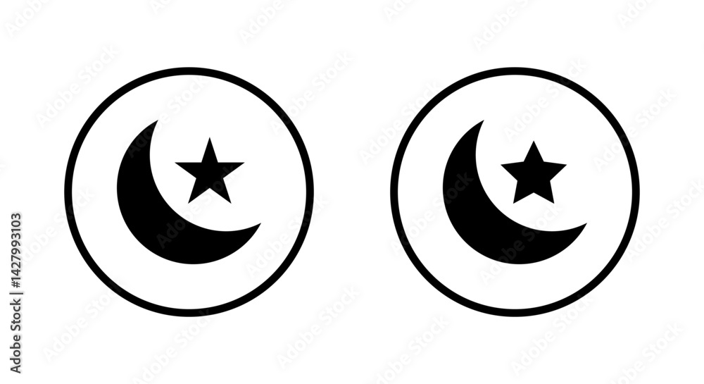 Crescent moon and star icon on circle line. Islamic badge sign symbol Crescent moon and star icon on circle line. Islamic badge sign symbol