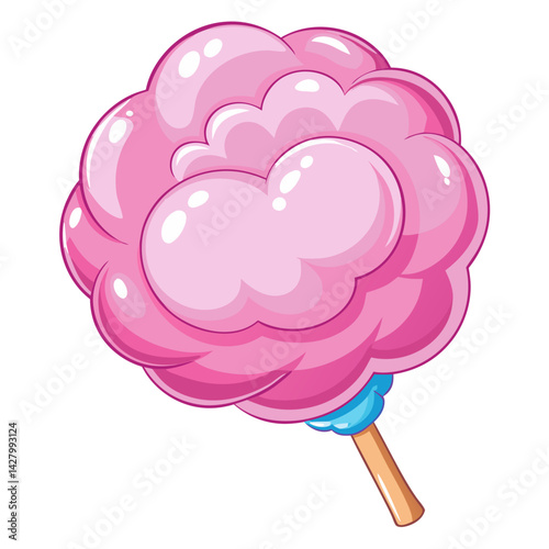 a pink cotton candy (also known as candy floss) on a wooden stick with a blue base no background vector file.