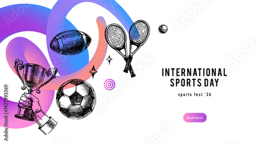 Background with sport trophies, medals, and game balls hand drawn in vintage sketch style. International Sports Day poster. Vector illustration. Not AI generation