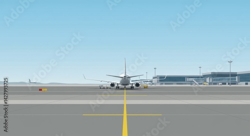 Airplane parked at airport terminal with luggage carts visible on tarmac and other aircraft in the background, representing global transportation and travel concept.