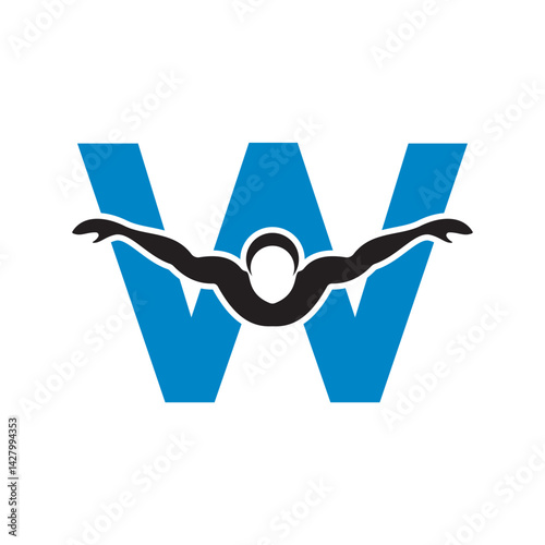 Swimming Logo combine with letter W vector template