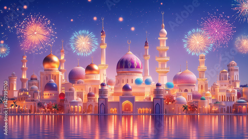 Eid al-Hijri Fireworks Over Majestic Mosques and Minarets During Peaceful Night of Islamic New Year Celebration

