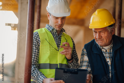 Fotografie Construction workers discussing blueprint on building site