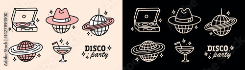 Disco ball cosmic cowgirl party girls night decorations black pink aesthetic doodle drawing bundle pack. Retro cowboy hat celestial witch theme cocktail bachelorette birthday music event illustration.