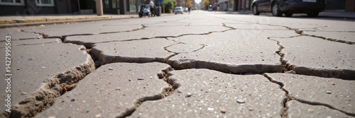Cracked urban street after earthquake in city center
