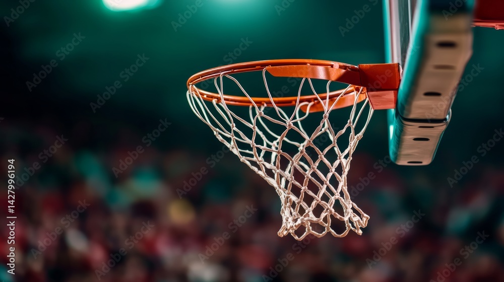 Basketball net is shown with a crowd of people watching. The net is in focus, while the people in the background are blurry. Scene is energetic and exciting Basketball net is shown with a crowd of people watching. The net is in focus, while the people in the background are blurry. Scene is energetic and exciting