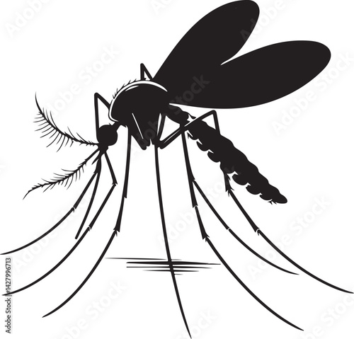 Mosquito (Culicidae) insect silhouette design, labeled linocut vector illustration.