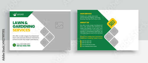 Lawn Mower Garden or Landscaping Service Postcard Template. Eddm Postcard Design, Event Card Design, Direct Mail Template, Invitation Design. leaflet, grass, equipment, gardener