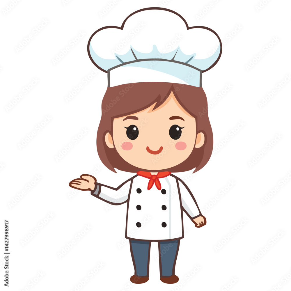 Cute chef girl in uniform character hold hand Cute chef girl in uniform character hold hand