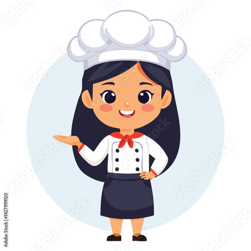 Cute chef girl in uniform character hold hand