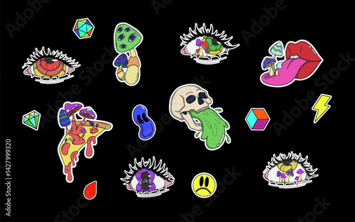 Set of psychedelic stickers, abstract icons and symbols. Collection of colorful eyes, skulls, 3D cubes, mushroom, lips.