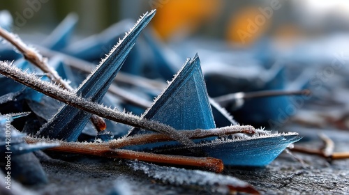 Close-up of fallen leaves with icy frost covering on ground during winter season photo