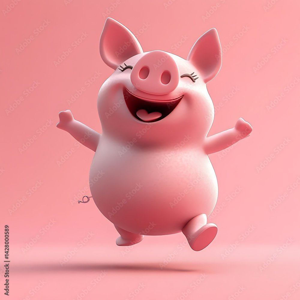 Cheerful cartoon pig character dancing joyfully against a soft pink background Cheerful cartoon pig character dancing joyfully against a soft pink background