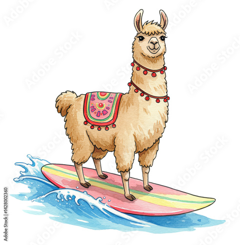 Cool llama surfing on colorful board with festive blanket, watercolour clipart illustration collection isolated on a transparent background