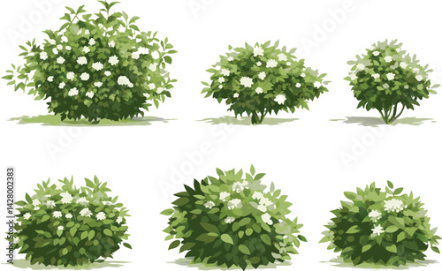 Watercolor illustration of diverse trees, shrubs, and bushes with green foliage in a hand-painted botanical garden scene

