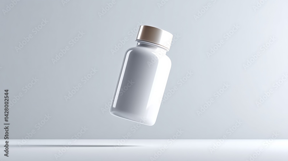 White bottle with a clear lid is floating in midair. The bottle is empty and has a white cap. Concept of lightness and airiness, as if the bottle is floating effortlessly in the air White bottle with a clear lid is floating in midair. The bottle is empty and has a white cap. Concept of lightness and airiness, as if the bottle is floating effortlessly in the air