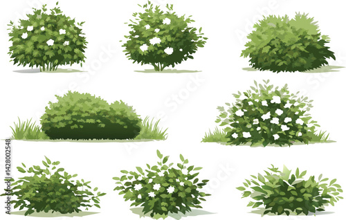 Watercolor illustration of diverse trees, shrubs, and bushes with green foliage in a hand-painted botanical garden scene

