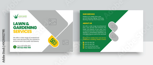 Lawn Mower Garden or Landscaping Service Postcard Template. Eddm Postcard Design, Event Card Design, Direct Mail Template, Invitation Design. leaflet, grass, equipment, gardener