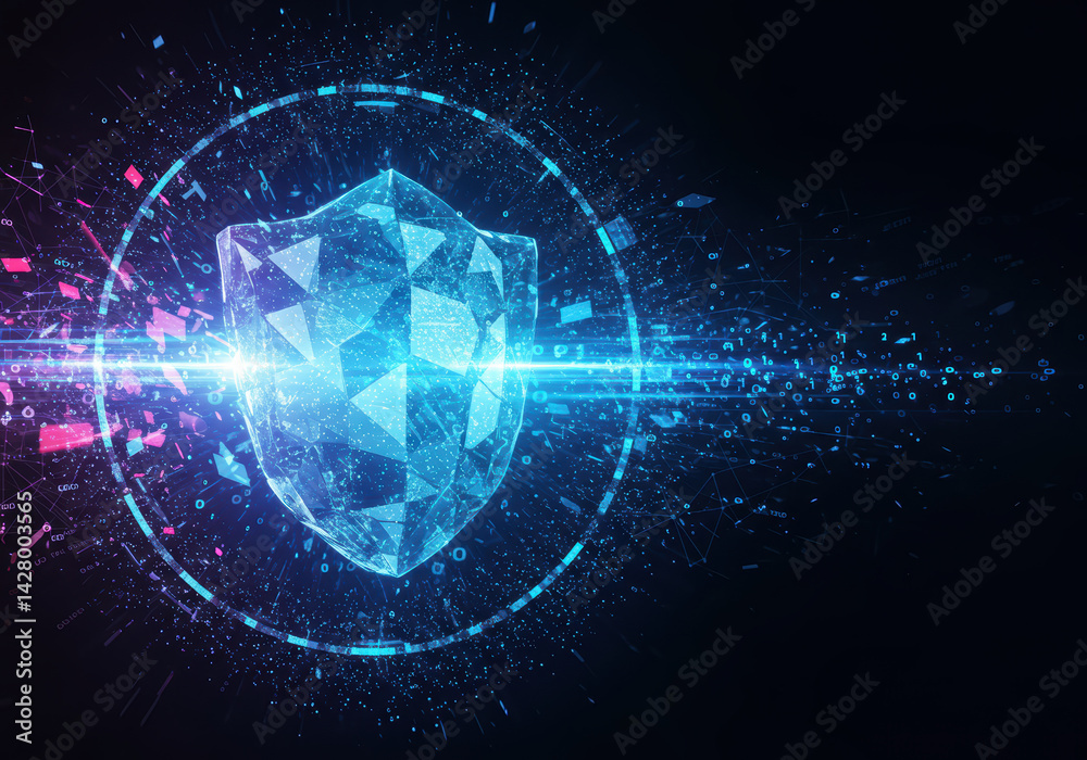 Obraz premium Digital shield glows with energy, protecting data and showcasing network security.