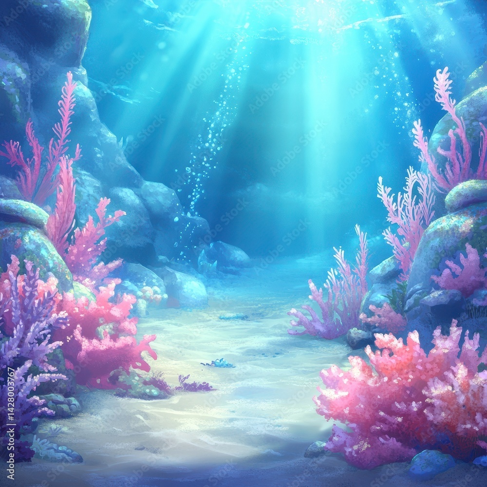 Fototapeta premium Vibrant underwater scene filled with coral and sunlight.