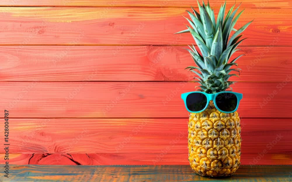A pineapple wearing sunglasses is sitting on a wooden table. The scene has a tropical and relaxed vibe, with the pineapple and sunglasses giving off a fun and carefree atmosphere