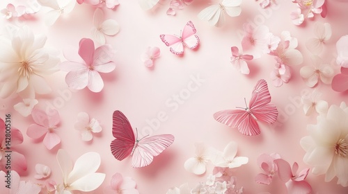 Summer Flowers background. Valentine's Day or Women's Day. Happy Mother Day. Romantic floral frame. Floral pattern. Beautiful Flowers and butterflies. Romantic design. Greeting cards. Copy space area