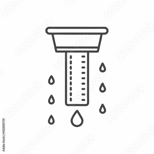 A minimalist line drawing of a drainage system with droplets of water below the outlet.