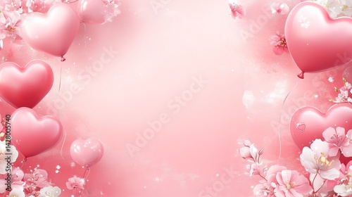 Valentine's Day or Women's Day concept. Balloons, flowers and gift boxes. Pink tulips and gift boxes. Happy Mother's Day. Pink Flowers background. Romantic design. Greeting cards. Copy space area