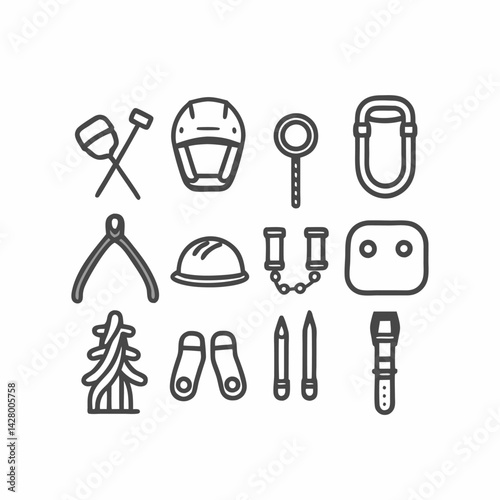 A collection of climbing gear icons featuring tools, helmets, and accessories in a minimalist design.