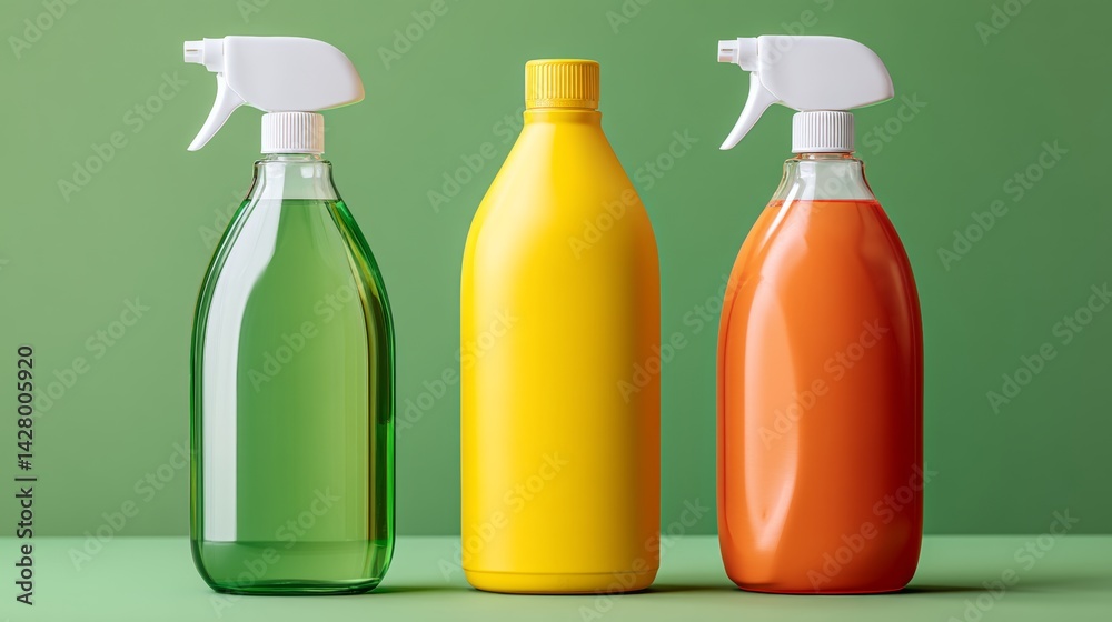 Three bottles of cleaning products are lined up on a green surface. The bottles are different colors and sizes, with one being green, one yellow, and one orange. The bottles are arranged in a row Three bottles of cleaning products are lined up on a green surface. The bottles are different colors and sizes, with one being green, one yellow, and one orange. The bottles are arranged in a row