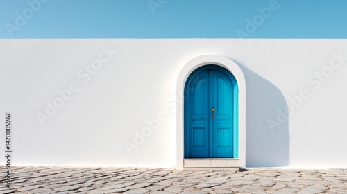 Fototapeta Naklejka Na Ścianę i Meble -  Blue door with a gold handle sits in front of a white wall. The door is arched and the blue color contrasts with the white wall. The scene is simple and peaceful
