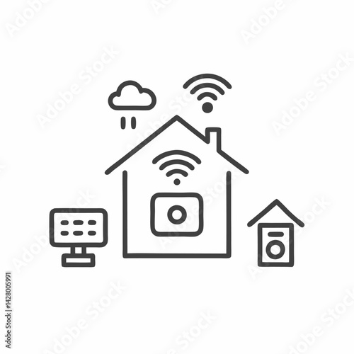 A minimalist illustration of a smart home, featuring a house with Wi-Fi signals, a weather cloud, and connected devices.
