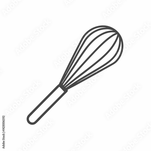 A simple kitchen whisk with a stainless steel handle and slender wires, perfect for blending ingredients.