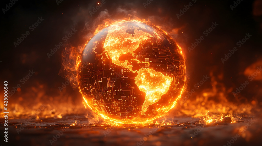 Obraz premium Fiery globe showing continents circuitry and enveloping flames on dark background